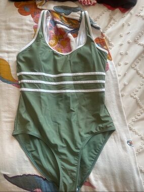 Olive Green One-Piece Swimsuit with White Trim